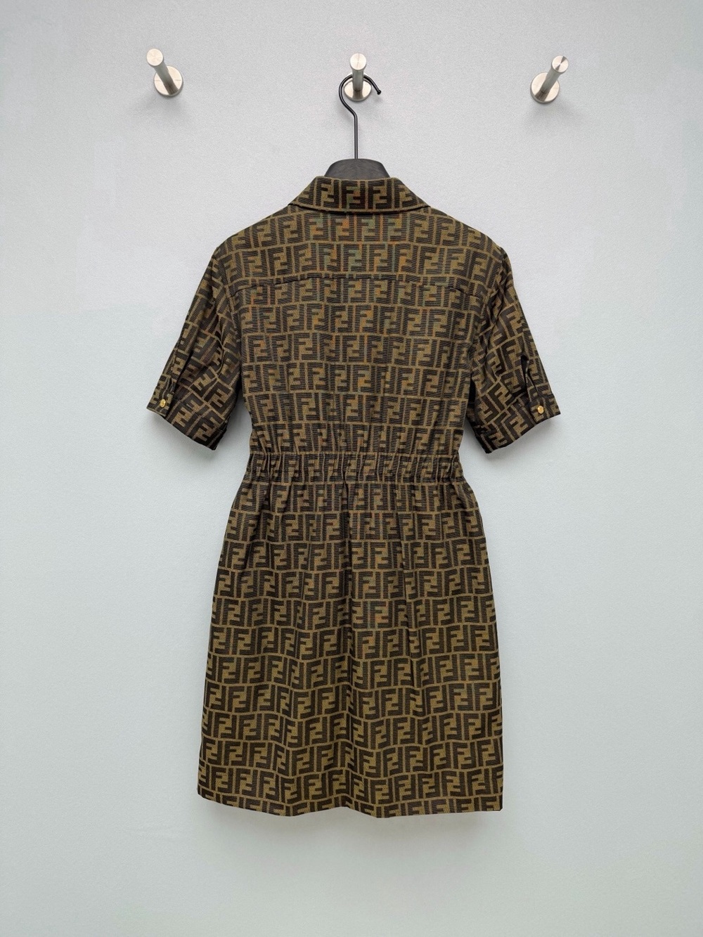 Fendi Brown FF Logo Short-Sleeve Shirt Dress with Belt - Picture 2 of 8